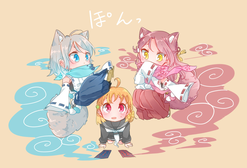 15kasikaze15, 3girls, :o, ahoge, all_fours, animal_ears, bandana_over_mouth, bandanna