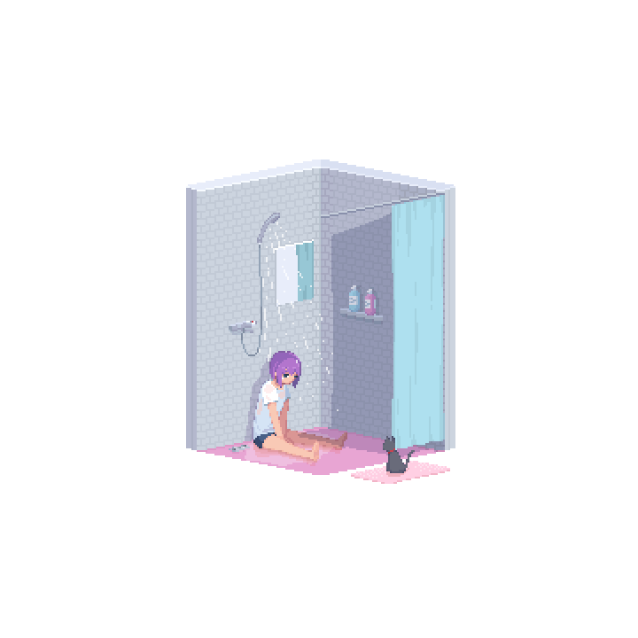 1girl, animated, animated_gif, barefoot, black_cat, blinking, cat, indoors