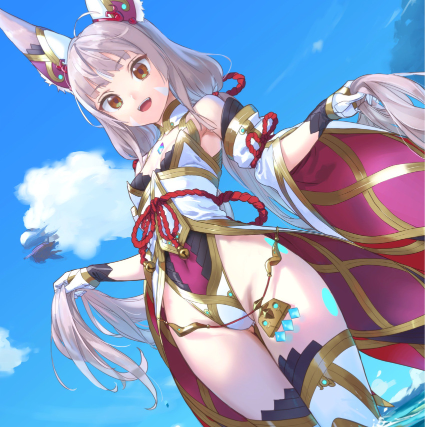 1girl, animal_ears, asymmetrical_legwear, blue_sky, breasts, brown_eyes, cleavage, covered_navel