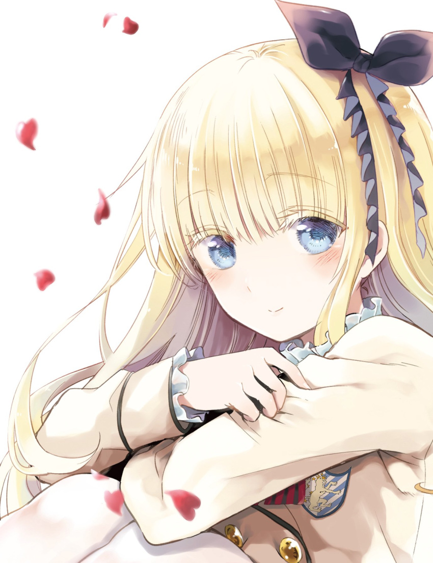 1girl, black_ribbon, blonde_hair, blue_eyes, blush, crossed_arms, eyebrows_visible_through_hair, frilled