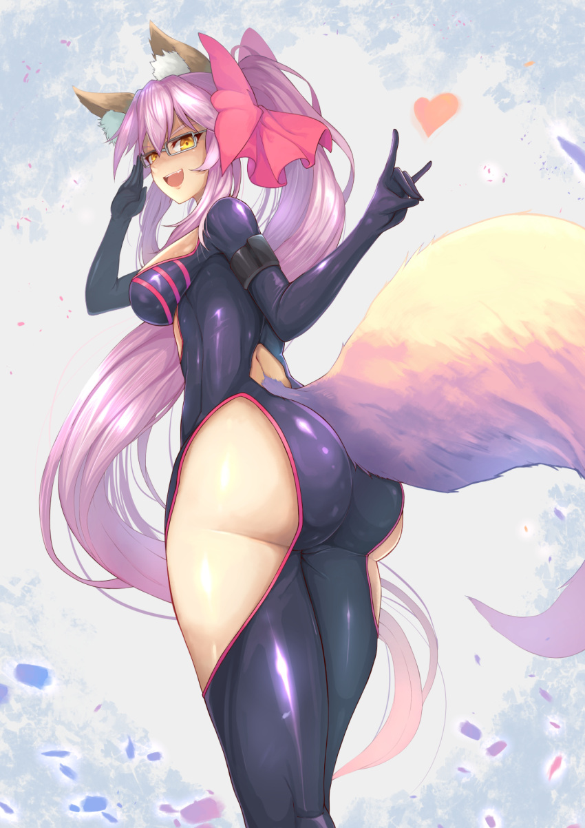 1girl, \m/, animal_ears, ass, bow, breasts, commentary_request, curvy, fate/grand_order, fate_(series), fox_ears, fox_tail, glasses, hair_bow, highres, huge_ass, large_breasts, long_hair, looking_at_viewer, looking_back, ohako_(ohako1818), pink_hair, ponytail, rectangular_eyewear, solo, tail, tamamo_(assassin)_(fate), tamamo_(fate)_(all), thick_thighs, thigh_cutout, thighs, very_long_hair, wide_hips, yellow_eyes