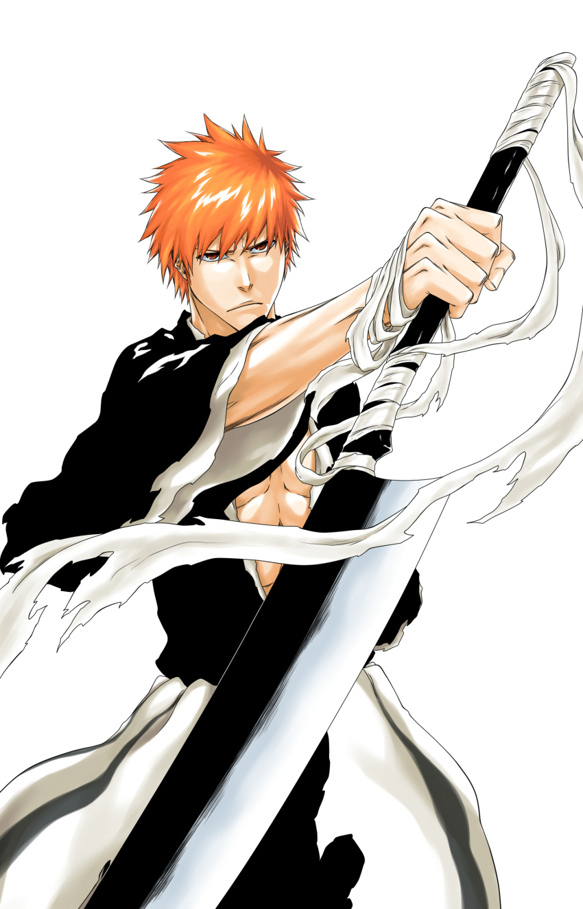1boy, absurdres, bandage, black_kimono, bleach, bleachist, brown_eyes, hair_between_eyes, highres, holding, holding_sword, holding_weapon, japanese_clothes, kimono, kurosaki_ichigo, male_focus, official_style, orange_hair, solo, spiky_hair, standing, sword, torn_clothes, torn_kimono, weapon
