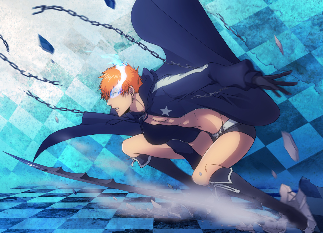 1boy, black_cape, black_footwear, black_gloves, black_rock_shooter_(character), black_rock_shooter_(character)_(cosplay), black_shorts, bleach, boots, burning_eye, cape, chains, checkered, checkered_floor, cosplay, from_side, full_body, gloves, knee_boots, kurosaki_ichigo, masaki_(logic15), open_mouth, orange_hair, short_shorts, shorts, solo, star, star_print