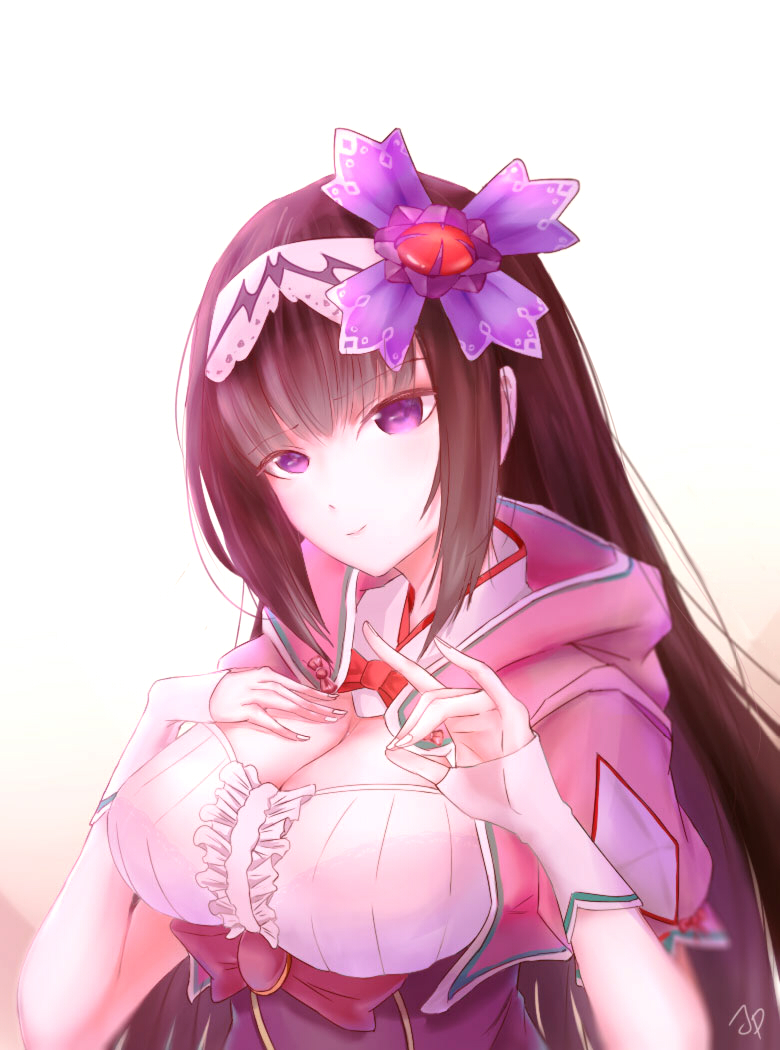 1girl, arm_warmers, black_hair, breasts, cleavage, cloak, fate/grand_order, fate_(series)