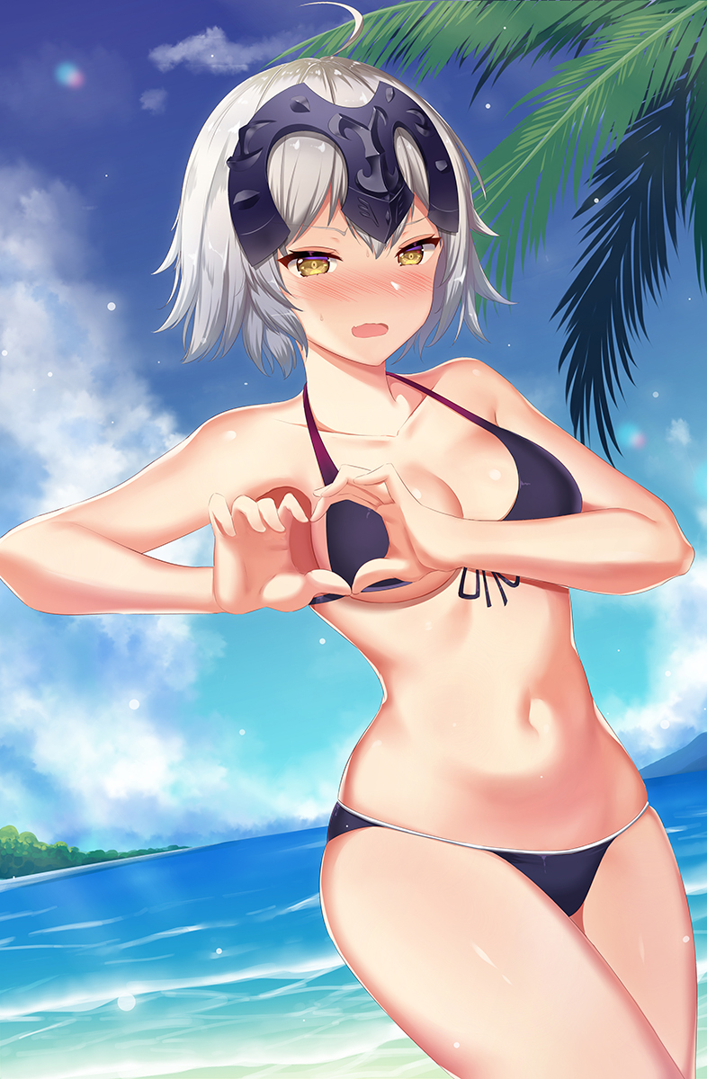 1girl, ahoge, beach, bencao_gangmu_(19), bikini, black_bikini, blue_sky, breasts