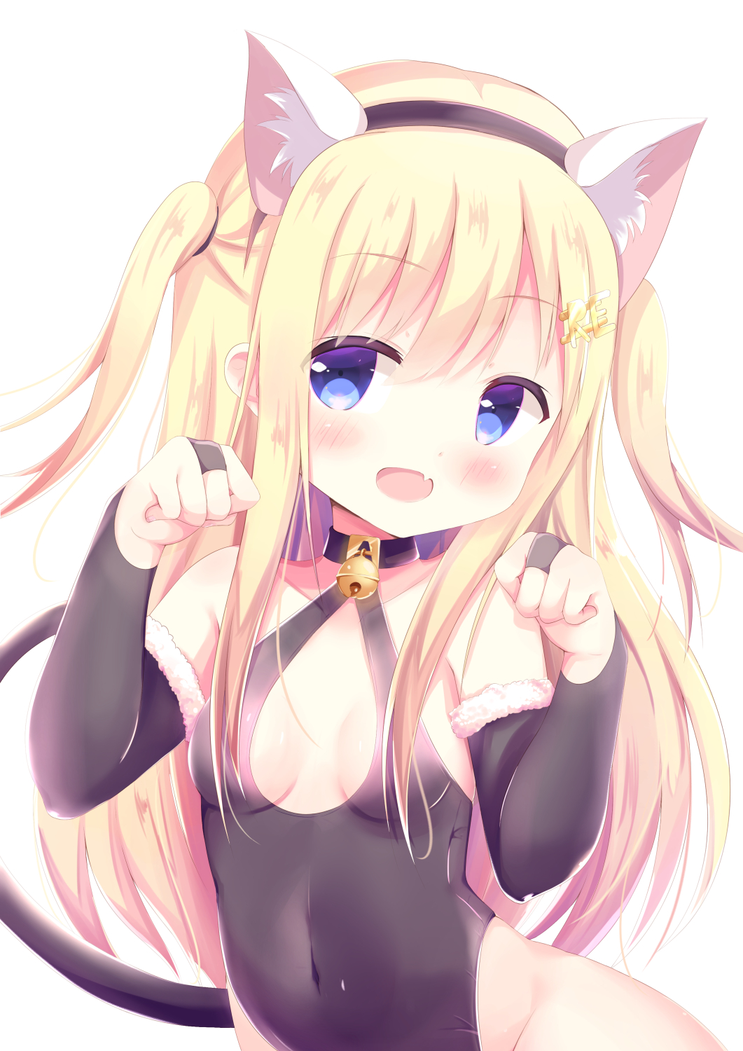 1girl, :d, animal_ears, bangs, bare_shoulders, bell, bell_choker, black_choker