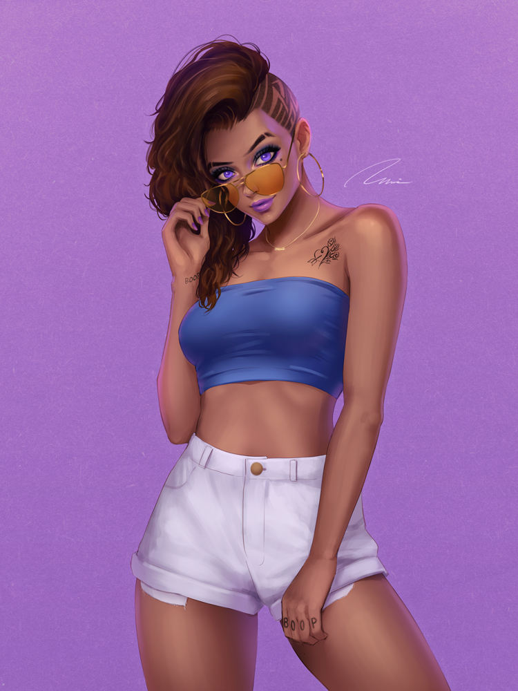 1girl, asymmetrical_hair, bare_arms, bare_shoulders, blue_tubetop, breasts, brown_hair, casual