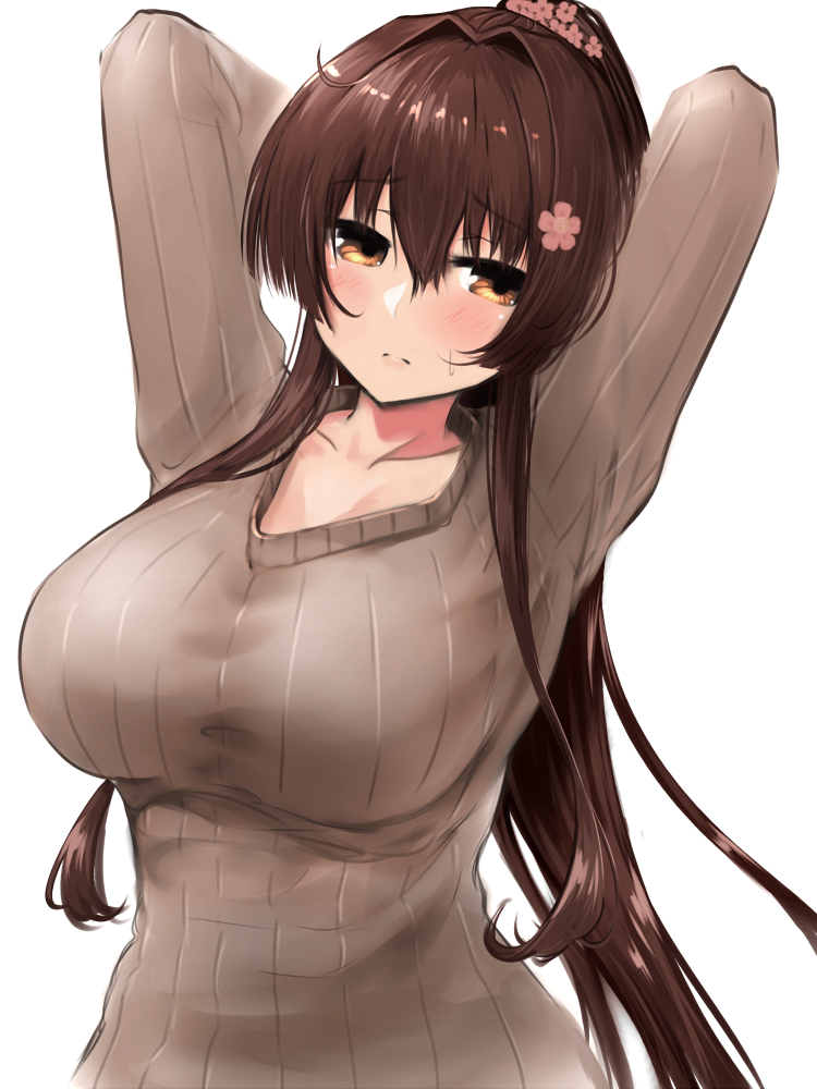 1girl, arms_up, bangs, blush, breasts, brown_eyes, brown_hair, cherry_blossoms