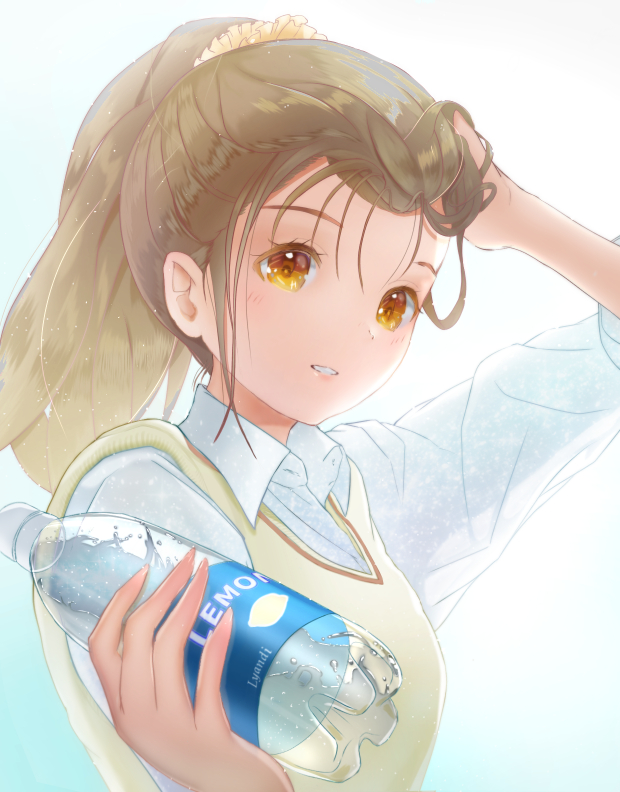 1girl, blush, bottle, brown_eyes, brown_hair, hand_in_hair, high_ponytail, holding