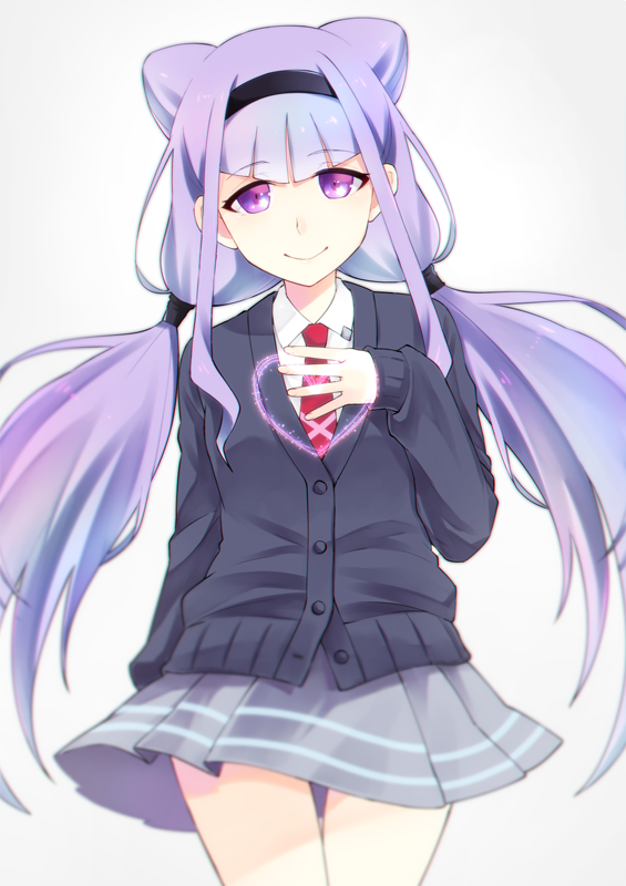 1girl, asuto_(rooftop), black_hairband, cardigan, closed_mouth, eyebrows_visible_through_hair, grey_background, grey_skirt, hairband, heart, hugtto!_precure, l'avenir_academy_uniform, lavender_hair, long_hair, looking_at_viewer, low_twintails, necktie, precure, red_neckwear, ruru_amour, simple_background, skirt, smile, solo, twintails, violet_eyes