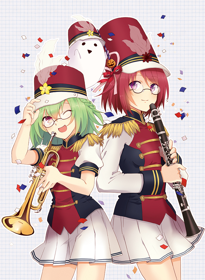 2girls, ;d, band_uniform, braid, chocolate_cosmos_(flower_knight_girl), clarinet, confetti, epaulettes