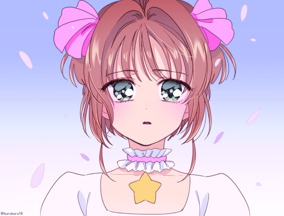 1girl, aqua_eyes, bangs, brown_hair, buruburu18, card_captor_sakura, choker, expressionless