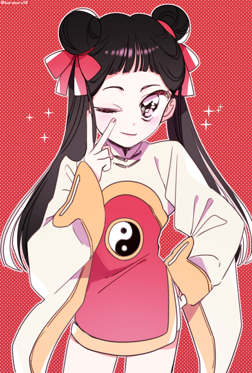 1girl, bangs, black_hair, blunt_bangs, brown_eyes, buruburu18, card_captor_sakura, chinese_clothes