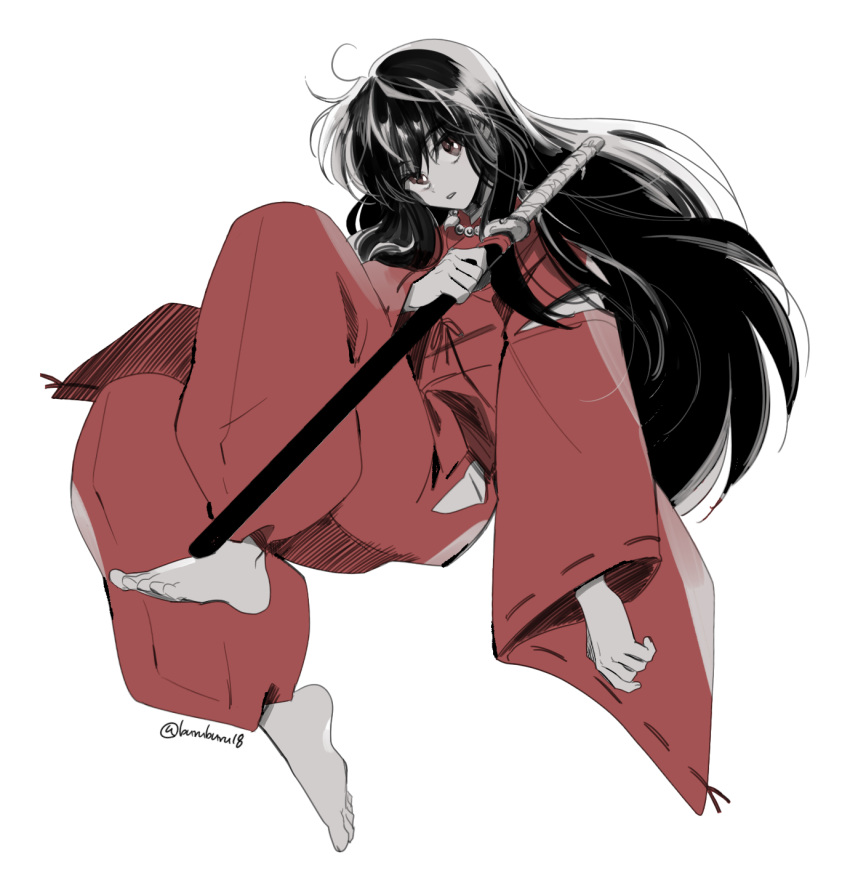 1boy, black_hair, buruburu18, full_body, highres, holding, holding_sheath, inuyasha