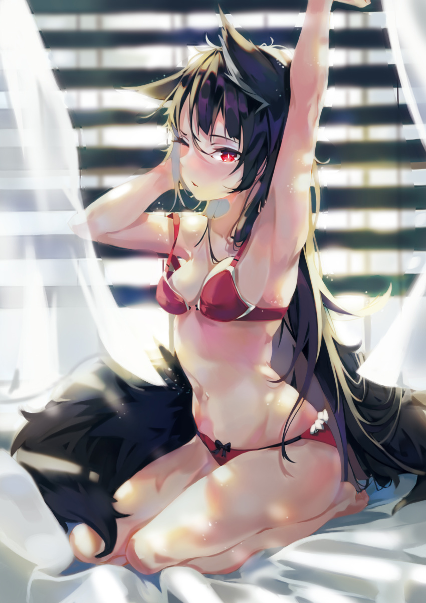 1girl, absurdres, animal_ears, armpits, arms_up, backlighting, bare_legs, barefoot, bed_sheet, black_hair, blush, bokujuu, bra, breasts, bright_pupils, cleavage, collarbone, day, fox_ears, fox_tail, highres, indoors, kitsune, legs_together, long_hair, looking_at_viewer, medium_breasts, navel, nose_blush, on_bed, one_eye_closed, original, panties, parted_lips, red_bra, red_eyes, red_panties, seiza, sitting, smile, solo, stomach, strap_slip, stretch, sunlight, tail, tsurime, underwear, underwear_only, very_long_hair, waking_up