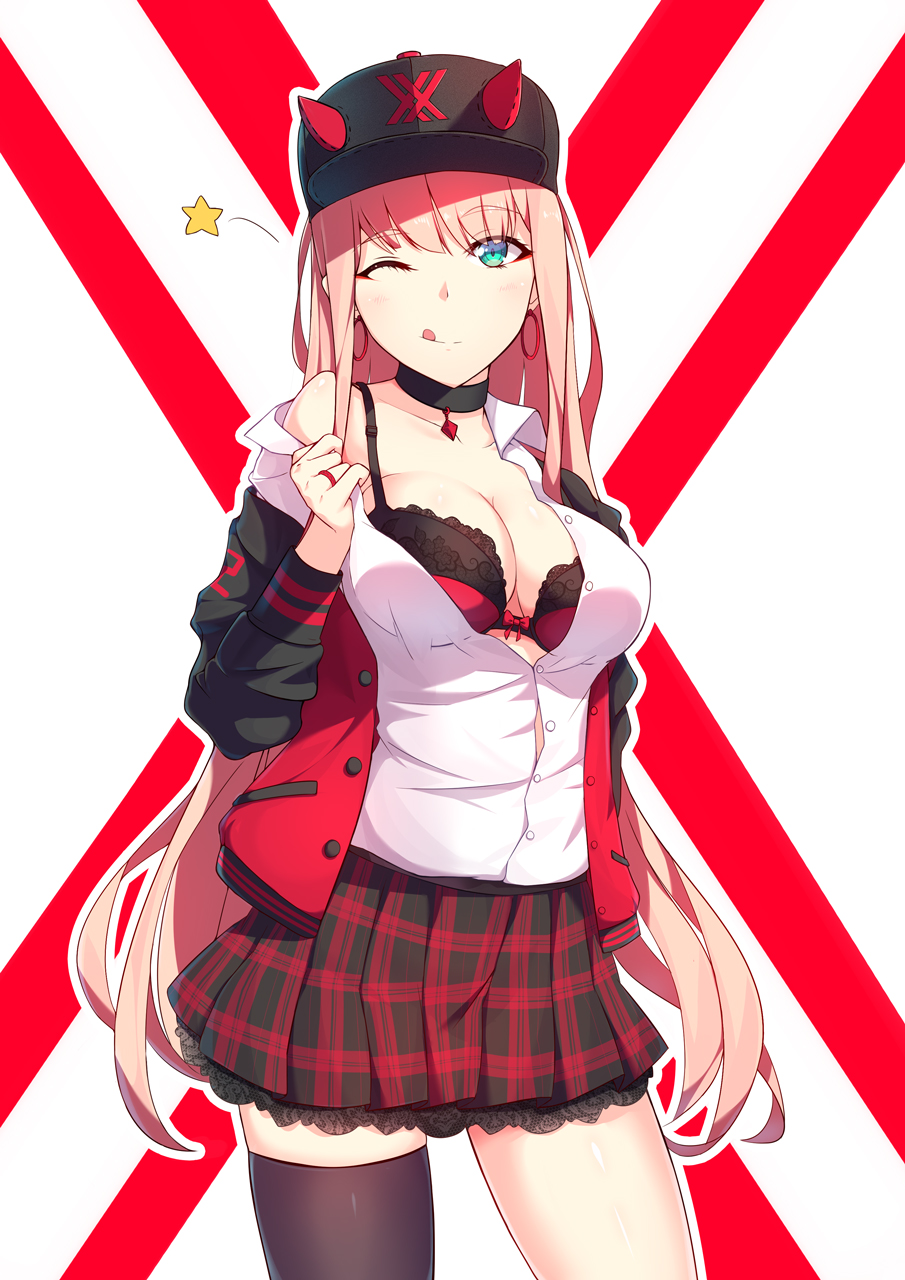 1girl, baseball_cap, black_legwear, blue_eyes, bra, breasts, choker, darling_in_the_franxx