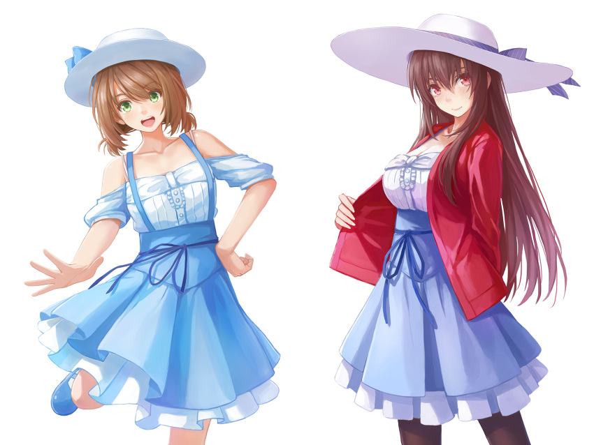 2girls, :d, arm_behind_back, bare_shoulders, black_legwear, blue_footwear, blue_ribbon, blush