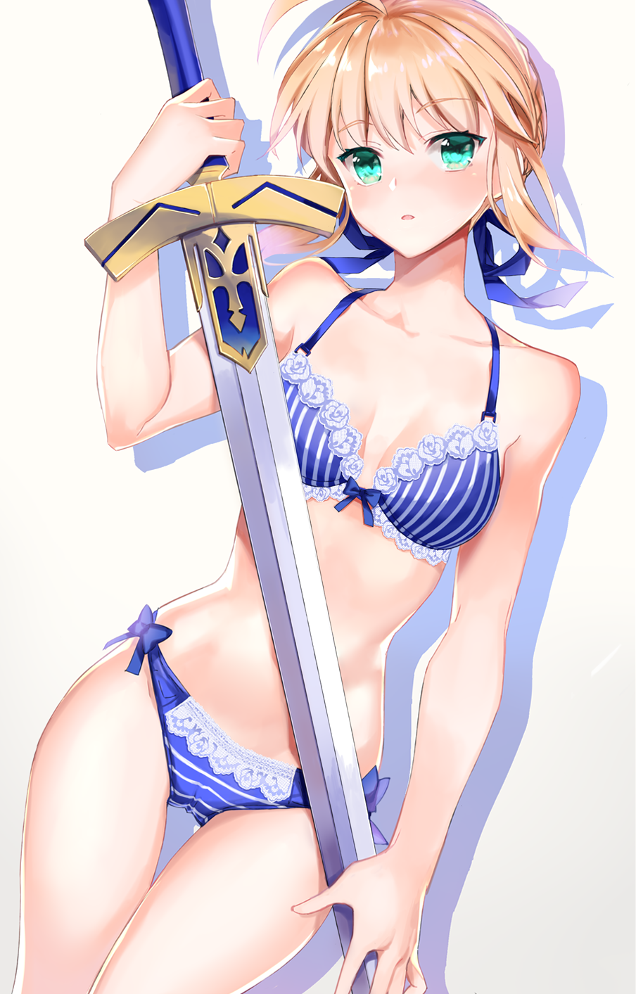 1girl, ahoge, artoria_pendragon_(all), blonde_hair, blue_bow, bow, bow_bra, bow_panties