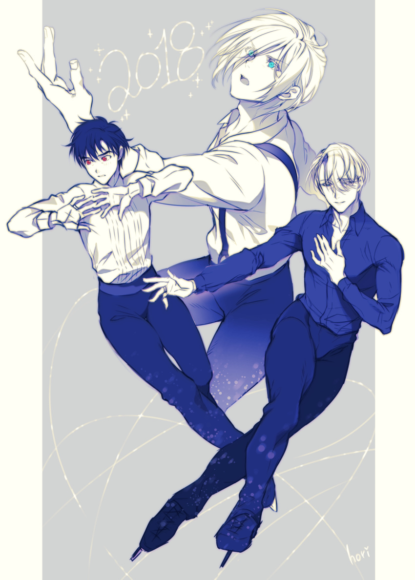 2018, 3boys, blue_eyes, brown_eyes, collared_shirt, hand_on_own_chest, highres, hory_makoto