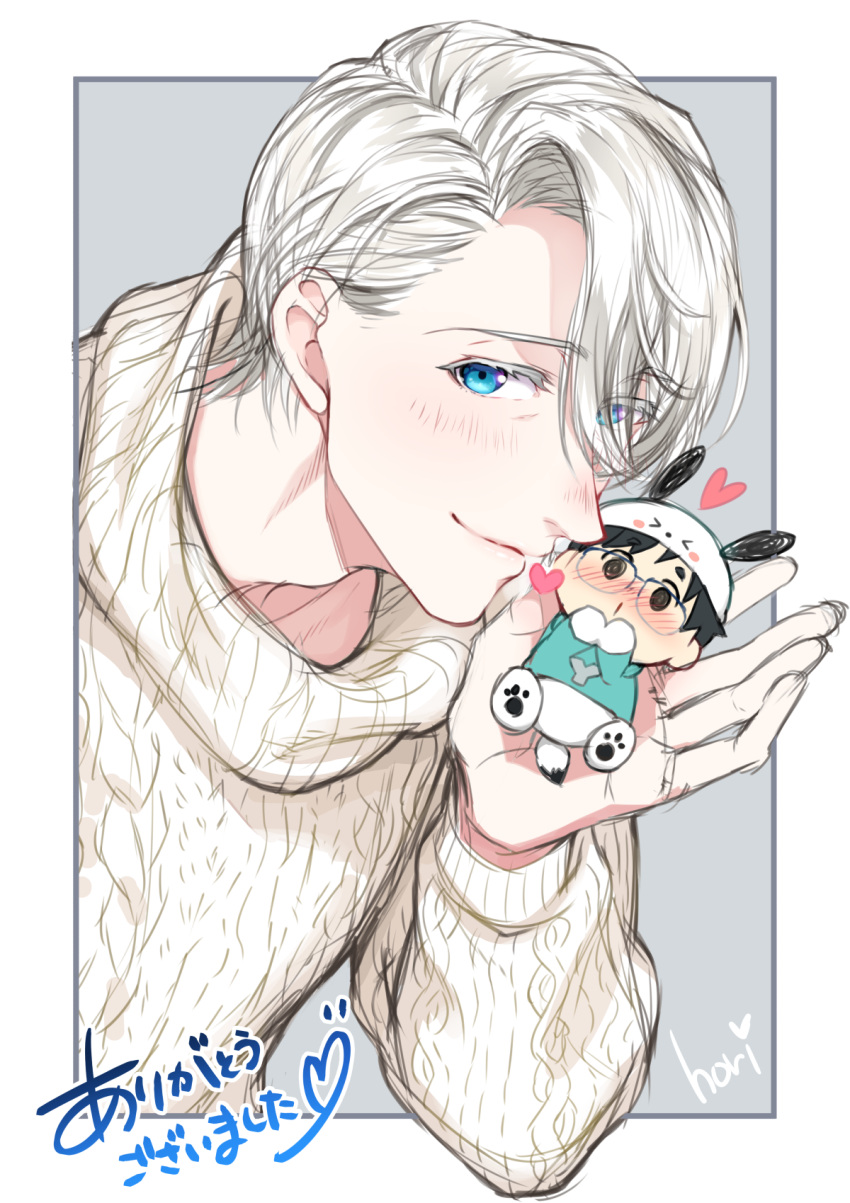2boys, animal_hat, artist_name, black_hair, blue_eyes, blush, brown_eyes, cosplay