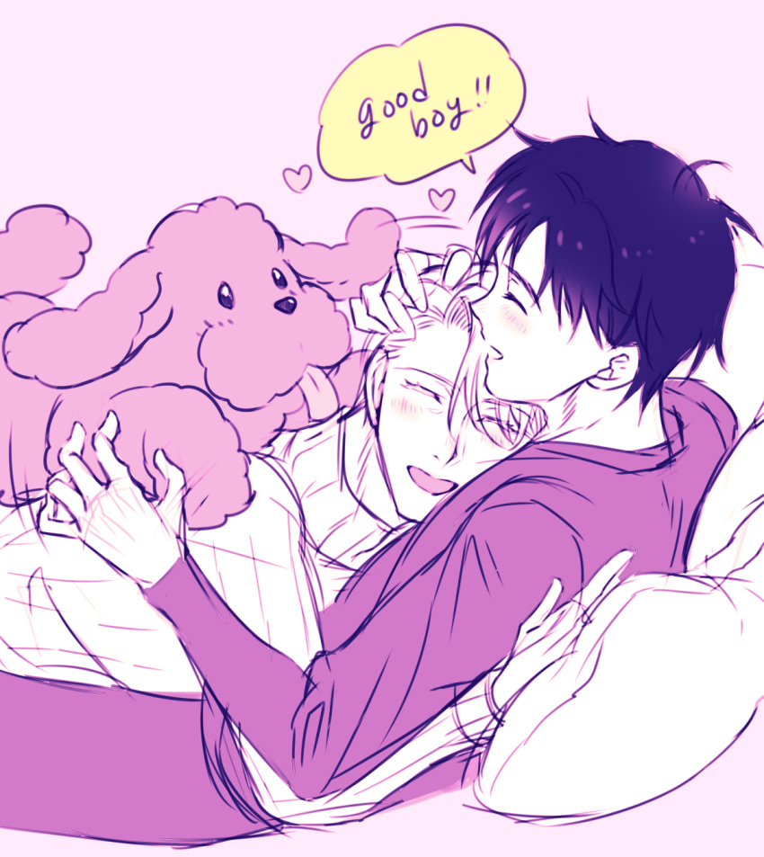 2boys, ^_^, blush, closed_eyes, dog, english, heart, highres, hory_makoto, katsuki_yuuri, lying, makkachin, male_focus, monochrome, multiple_boys, on_back, open_mouth, petting, pillow, sketch, smile, sweater, tongue, tongue_out, turtleneck, turtleneck_sweater, viktor_nikiforov, yaoi, yuri!!!_on_ice