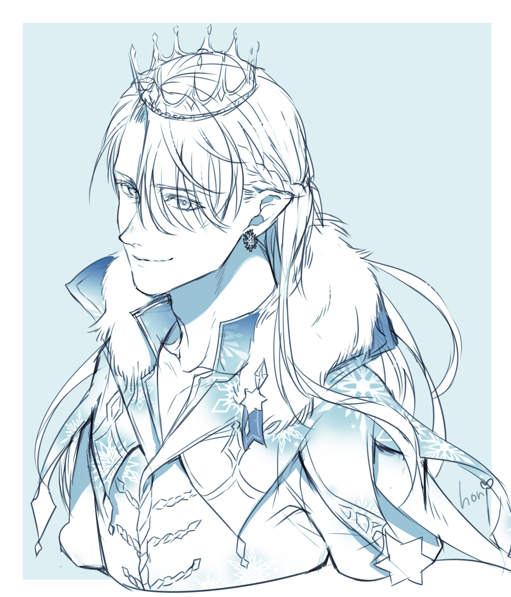 1boy, alternate_hair_length, alternate_hairstyle, braid, crown, eyes_visible_through_hair, fur_trim, hair_over_one_eye