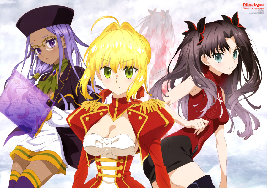 3girls, absurdres, ahoge, black_hat, black_jacket, black_ribbon, black_skirt, blonde_hair