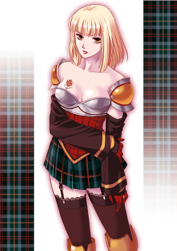 blonde_hair, breasts, brown_eyes, cleavage, detached_sleeves, flower, gloves, maronee_san