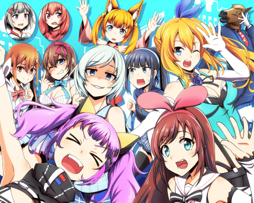 >_<, 1boy, 6+girls, :d, ;d, a.i._channel, alternate_hair_color, aoi_ch.