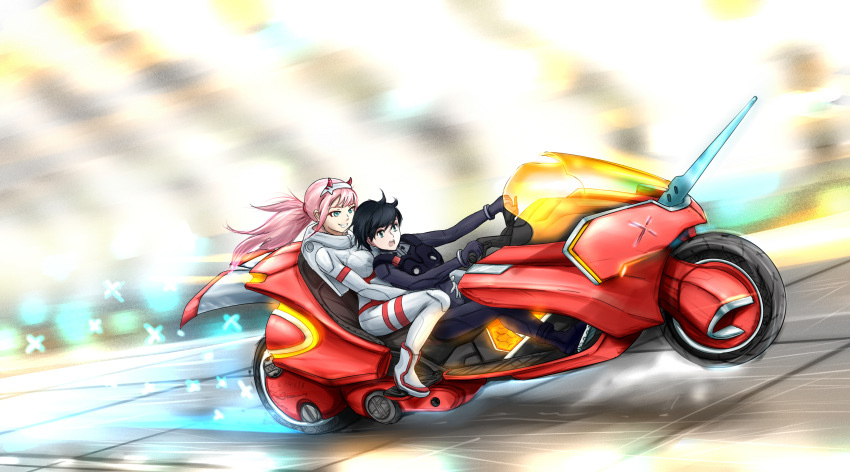 1boy, 1girl, akira, anomonny, aqua_eyes, black_bodysuit, bodysuit, commentary