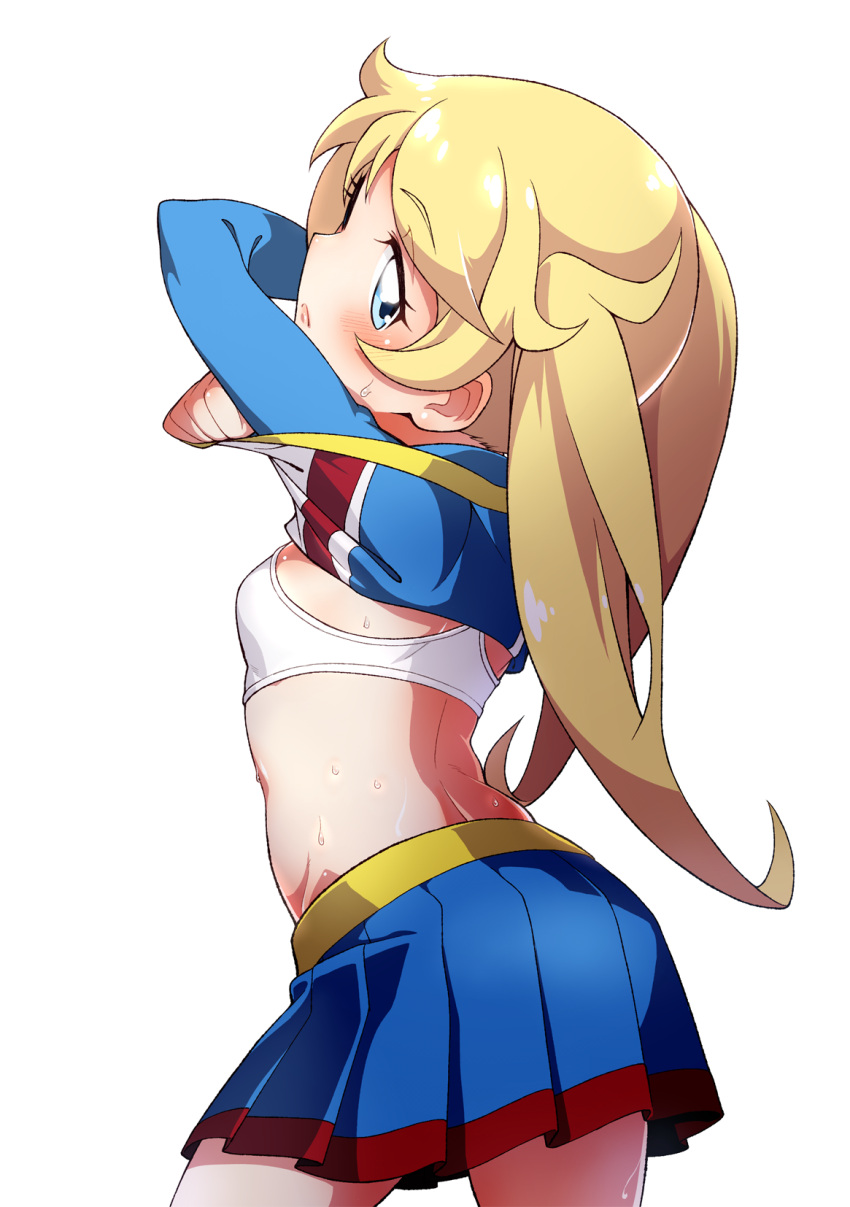 1girl, arched_back, back, bangs, blonde_hair, blue_eyes, blue_shirt, blue_skirt