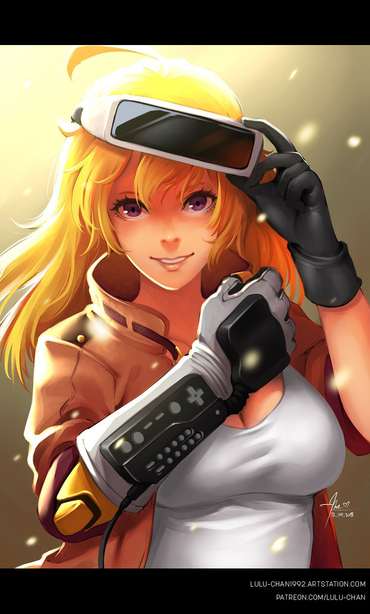 1girl, 2018, adjusting_goggles, alternate_costume, black_gloves, blonde_hair, breasts, cleavage