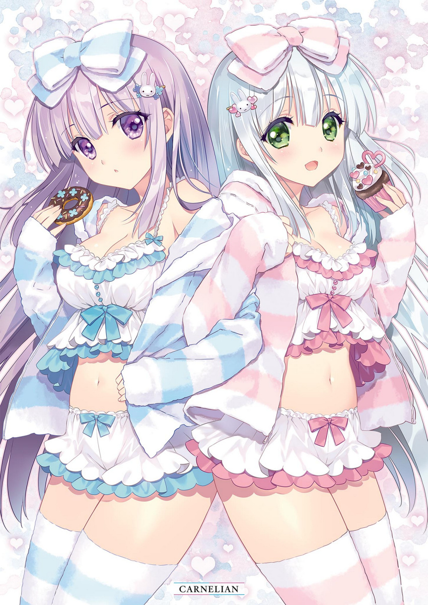 2girls, :d, airi_(alice_or_alice), alice_or_alice, aqua_ribbon, blush, bow, breasts, bunny_hair_ornament, cardigan, carnelian, cleavage, collarbone, cowboy_shot, crop_top, cupcake, doughnut, eyebrows_visible_through_hair, floating_hair, food, green_eyes, hair_between_eyes, hair_bow, hair_ornament, heart, highres, holding, holding_food, locked_arms, long_hair, medium_breasts, midriff, multiple_girls, navel, open_cardigan, open_clothes, open_mouth, parted_lips, pink_hair, pink_ribbon, ribbon, ribbon-trimmed_shorts, ribbon_trim, rise_(alice_or_alice), short_shorts, shorts, silver_hair, smile, standing, stomach, striped, striped_bow, striped_cardigan, striped_legwear, thigh-highs, very_long_hair, violet_eyes, white_legwear, white_shorts