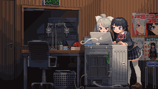 2girls, animated, animated_gif, black_hair, blue_eyes, blush, bow, bowtie