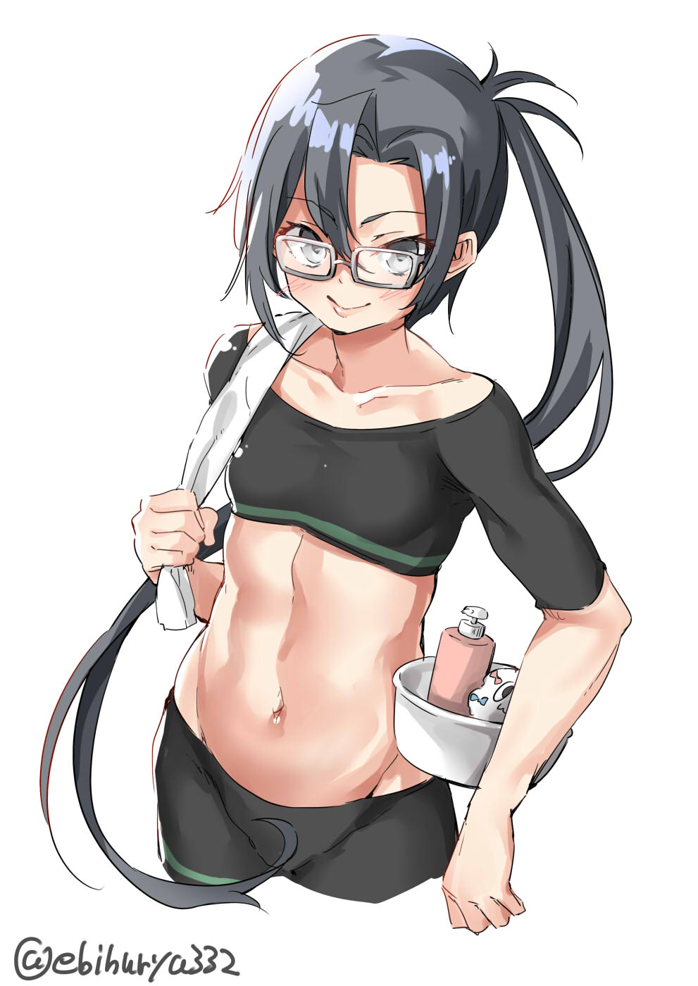 1girl, abs, amagiri_(kantai_collection), asymmetrical_bangs, bad_perspective, bad_proportions, bangs, basin