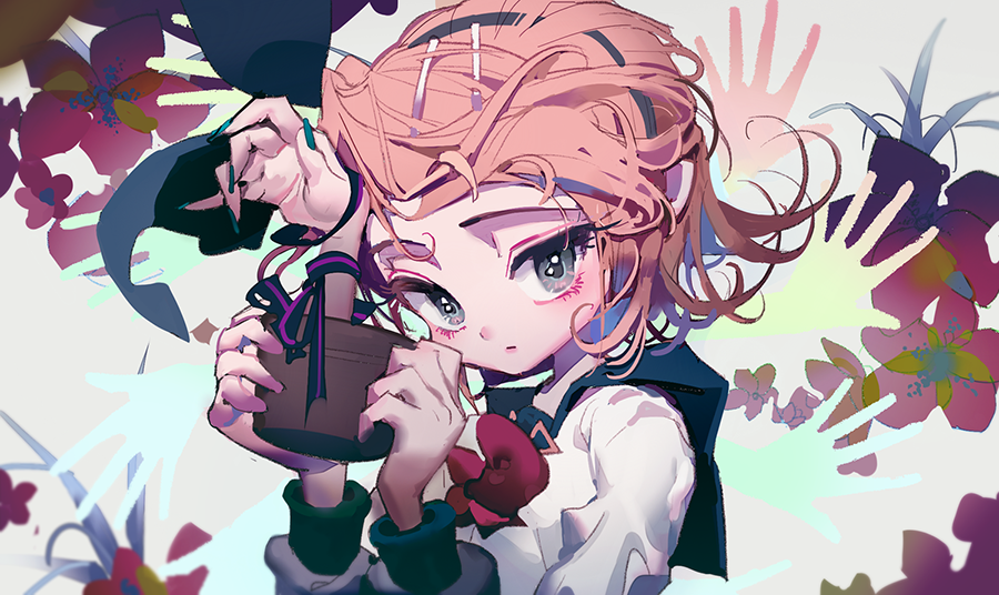 1girl, aqua_nails, big_eyes, blonde_hair, blue_eyes, bow, curly_hair, disembodied_limb