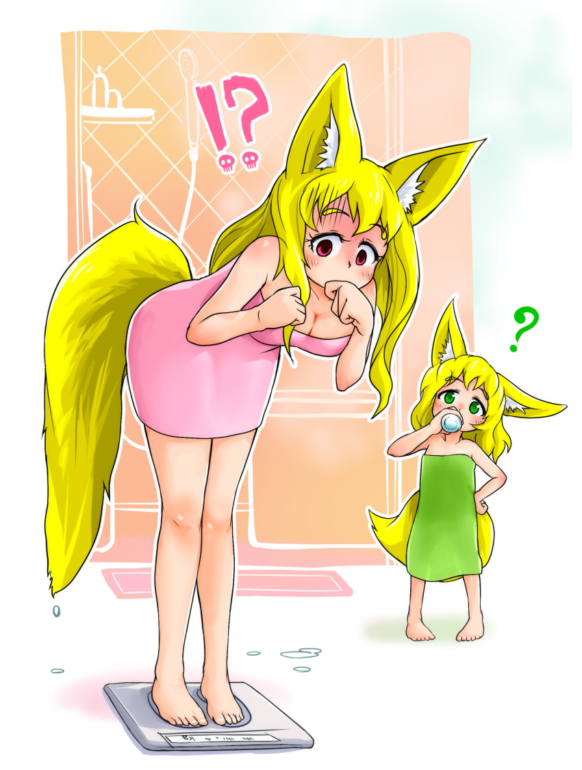 2girls, ?, absurdres, after_bath, animal_ears, bare_arms, bare_legs, bare_shoulders