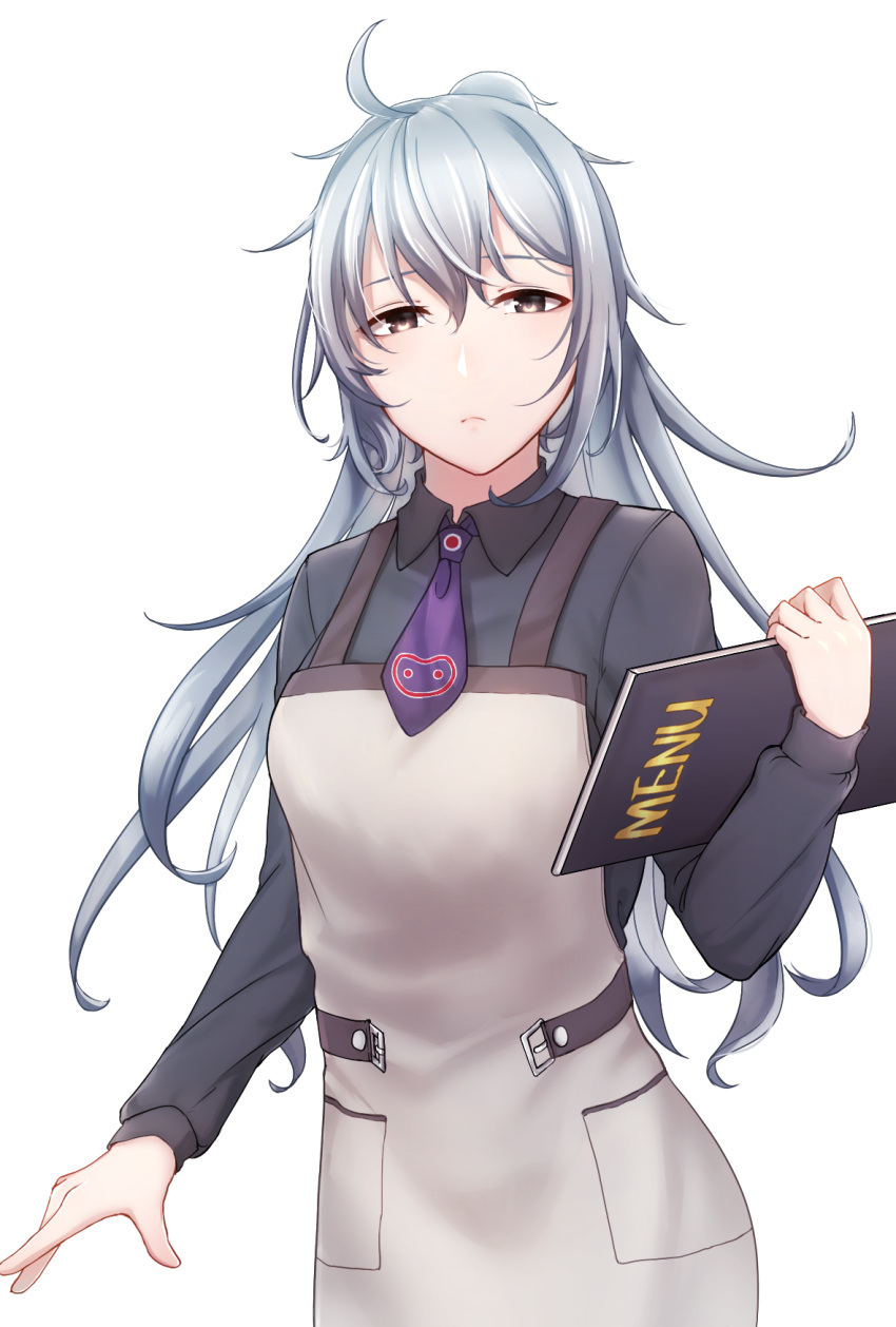 1girl, ahoge, alternate_costume, apron, bangs, blush, brown_eyes, collared_shirt, expressionless, eyebrows_visible_through_hair, g11_(girls_frontline), girls_frontline, grey_shirt, hair_between_eyes, half-closed_eyes, highres, holding, holding_menu, kagami_(openxlock), long_hair, long_sleeves, looking_at_viewer, menu, messy_hair, necktie, purple_neckwear, shirt, silver_hair, simple_background, solo, very_long_hair, waitress, white_background