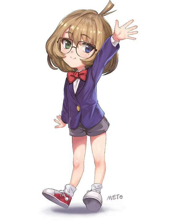 1girl, arm_up, artist_name, bespectacled, black-framed_eyewear, black_shorts, blue_eyes, blue_jacket, blush, bow, bowtie, brown_hair, child, closed_mouth, cosplay, edogawa_conan, edogawa_conan_(cosplay), full_body, glasses, green_eyes, heterochromia, idolmaster, idolmaster_cinderella_girls, jacket, looking_at_viewer, meitantei_conan, meto31, red_bow, red_footwear, red_neckwear, school_uniform, shoes, short_hair, shorts, simple_background, smile, socks, solo, standing, takagaki_kaede, waving, white_background, white_legwear, younger