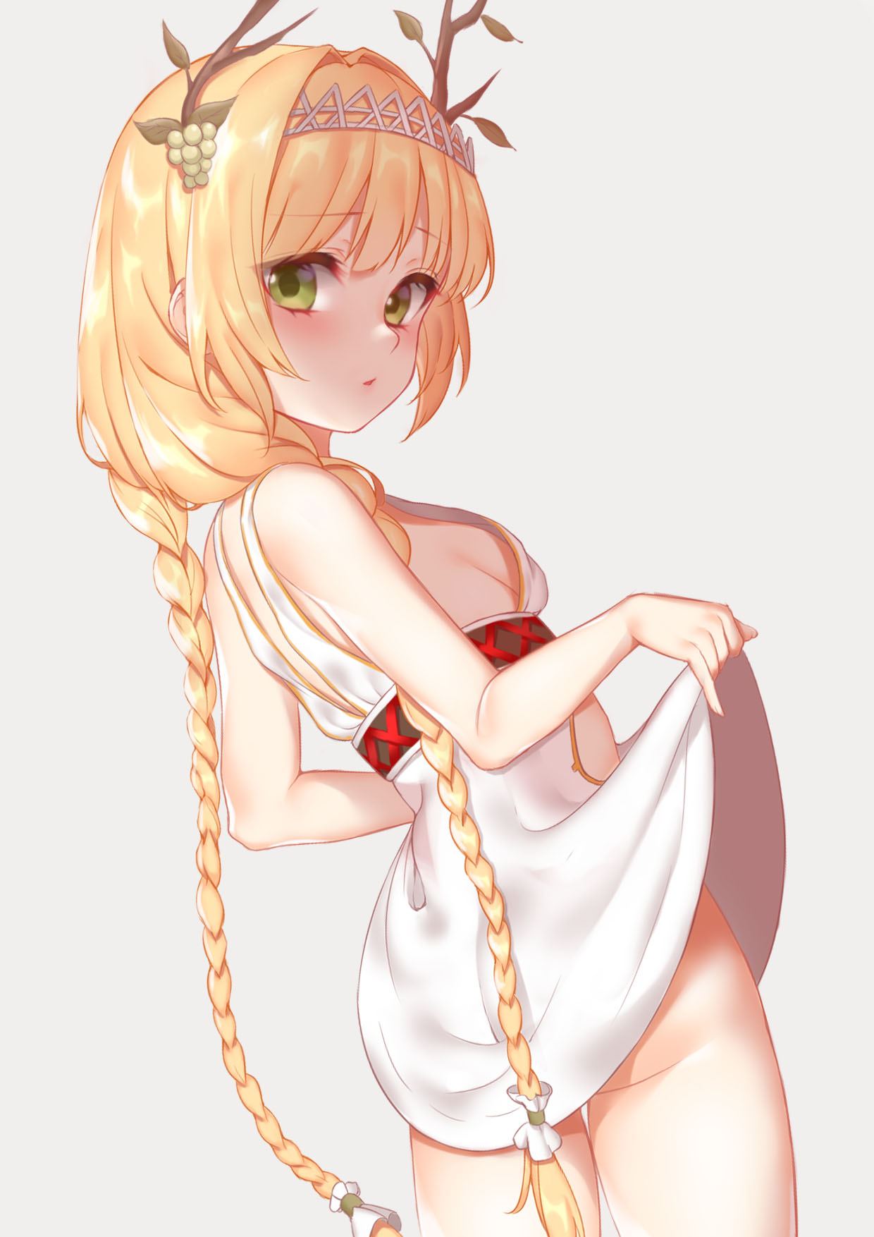 1girl, ass, bare_shoulders, blonde_hair, blush, braid, breasts, cowboy_shot