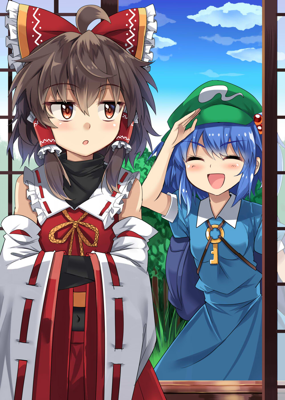 2girls, :d, ^_^, ahoge, backpack, bag, bare_shoulders, blue_backpack, blue_dress, blue_hair, blue_sky, blush, bow, breasts, brown_eyes, brown_hair, closed_eyes, clouds, commentary_request, covered_navel, cowboy_shot, crossed_arms, day, detached_sleeves, dress, e.o., eyebrows_visible_through_hair, frilled_bow, frilled_shirt_collar, frills, grass, green_hat, hair_between_eyes, hair_bobbles, hair_bow, hair_ornament, hair_tubes, hakurei_reimu, hand_up, hands_in_sleeves, hat, highres, kawashiro_nitori, key, long_sleeves, multiple_girls, open_mouth, parted_lips, puffy_short_sleeves, puffy_sleeves, red_bow, short_hair, short_sleeves, sidelocks, sky, small_breasts, smile, standing, touhou, tree, wide_sleeves, yellow_neckwear