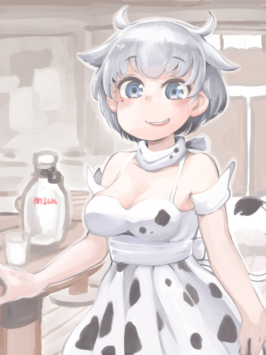 1girl, absurdres, animal_ears, animal_print, bangs, bare_shoulders, bottle, breasts