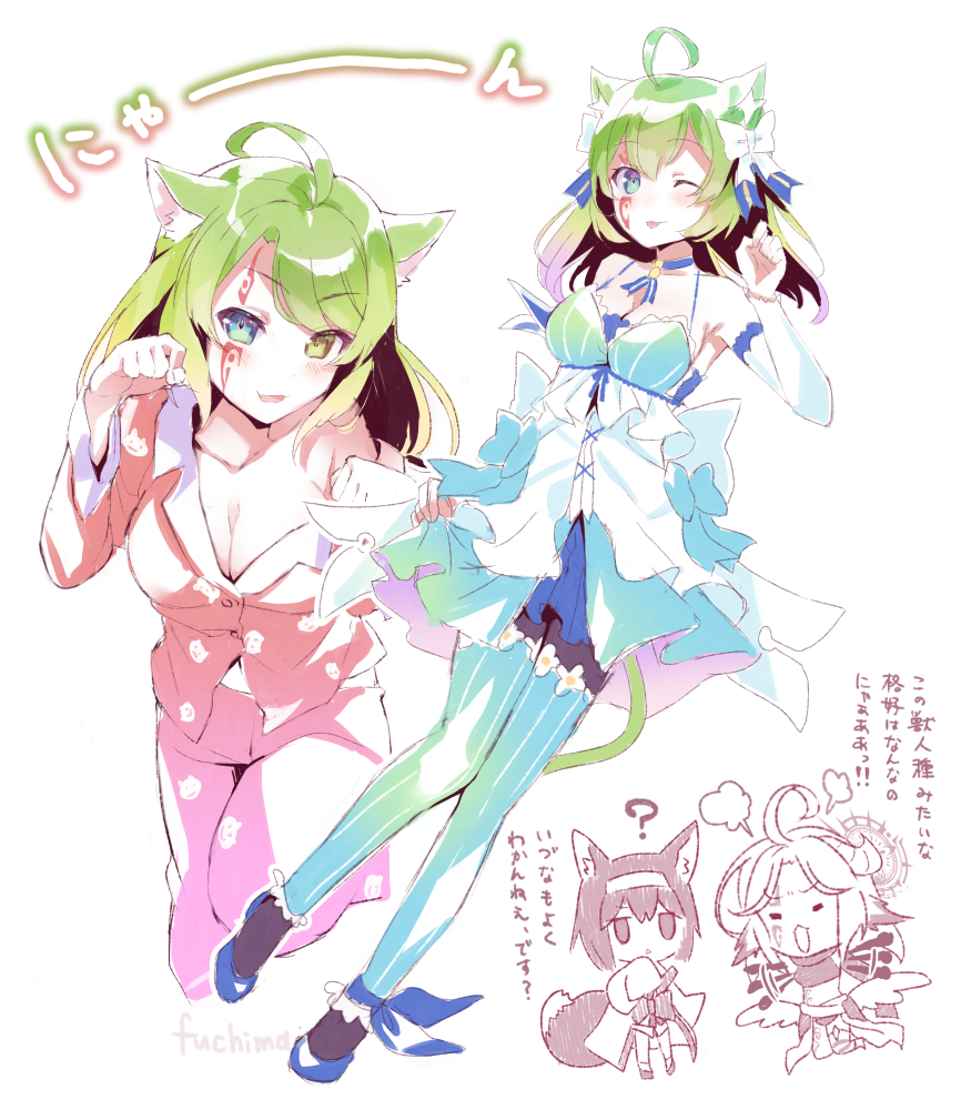 2girls, ;p, ahoge, animal_ears, azriel_(no_game_no_life), bakemonogatari, black_hanekawa, blue_eyes