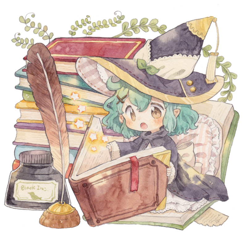 1girl, :o, ahoge, aqua_hair, black_cloak, blush, book, book_stack