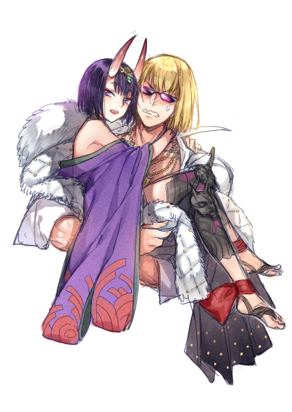 1boy, 1girl, :d, arms_around_neck, barefoot_sandals, blonde_hair, blush, carrying