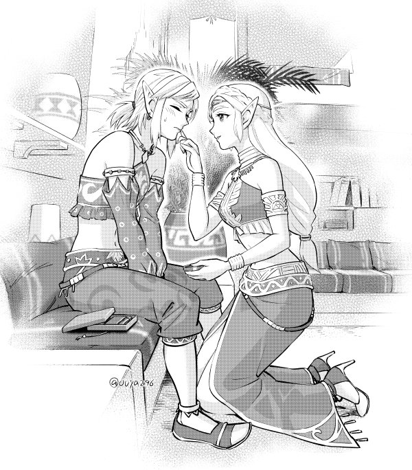 1boy, 1girl, alternate_costume, applying_makeup, armlet, crossdressinging, detached_sleeves, earrings