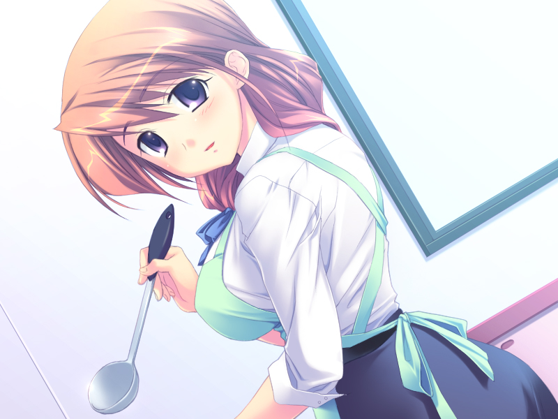 apron, breasts, cooking, game_cg, ladle, looking_back, machiru, shirai_urara, short_hair, skirt