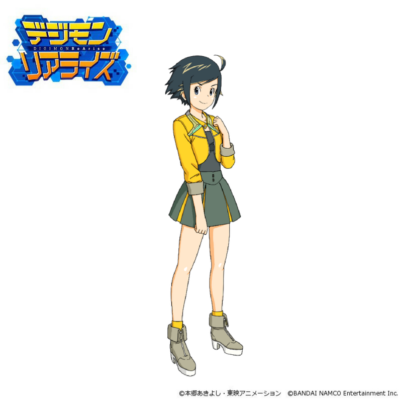 1girl, ahoge, black_hair, black_shirt, blue_eyes, breasts, commentary_request, company_name, digimon, digimon_rearise, female_protagonist_(digimon_rearise), green_skirt, grey_footwear, hand_on_own_shoulder, jacket, logo, looking_at_viewer, medium_breasts, miniskirt, nakatsuru_katsuyoshi, platform_boots, shirt, short_hair, simple_background, skirt, smile, socks, solo, standing, watermark, white_background, yellow_jacket, yellow_legwear