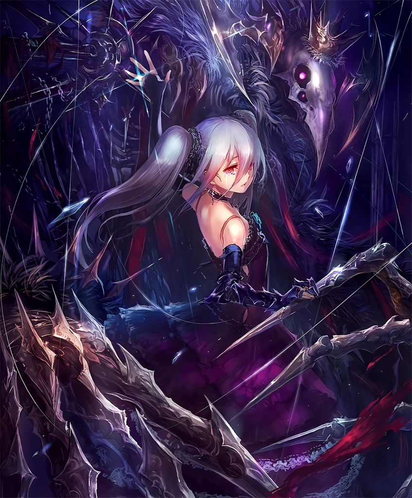 1girl, artist_request, asymmetrical_clothes, blade, claws, crown, crying, cygames
