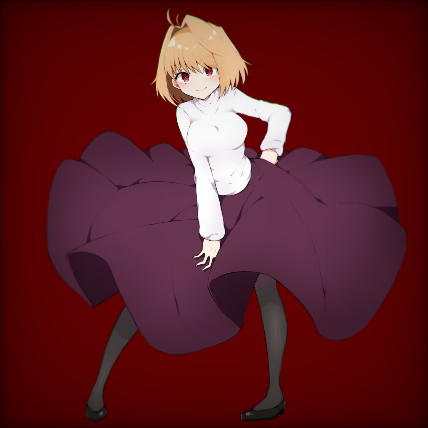 1girl, arcueid_brunestud, black_footwear, black_legwear, blonde_hair, breasts, full_body, hair_intakes, hand_on_hip, highres, large_breasts, leaning_forward, long_skirt, purple_skirt, red_background, red_eyes, shoes, short_hair, skirt, solo, standing, sweater, takae_(poupee_en_biscuit), tsukihime, white_sweater, wind, wind_lift